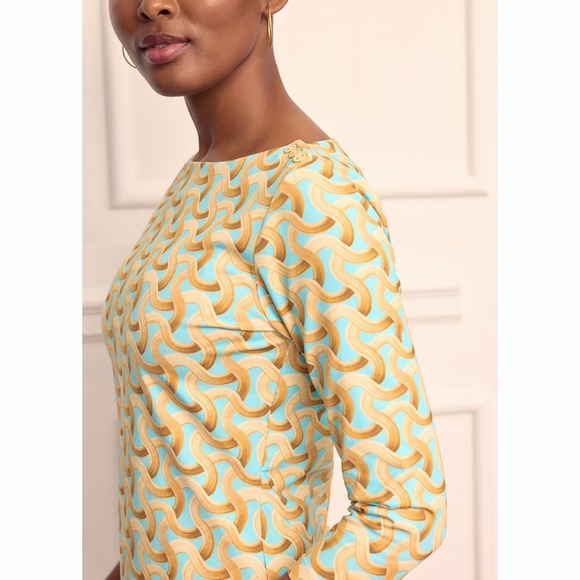 J. McLaughlin Tops - J.McLaughlin XS Catalina Cloth Top Wavesong 3/4 Sleeve Button Shoulder Aqua Gold